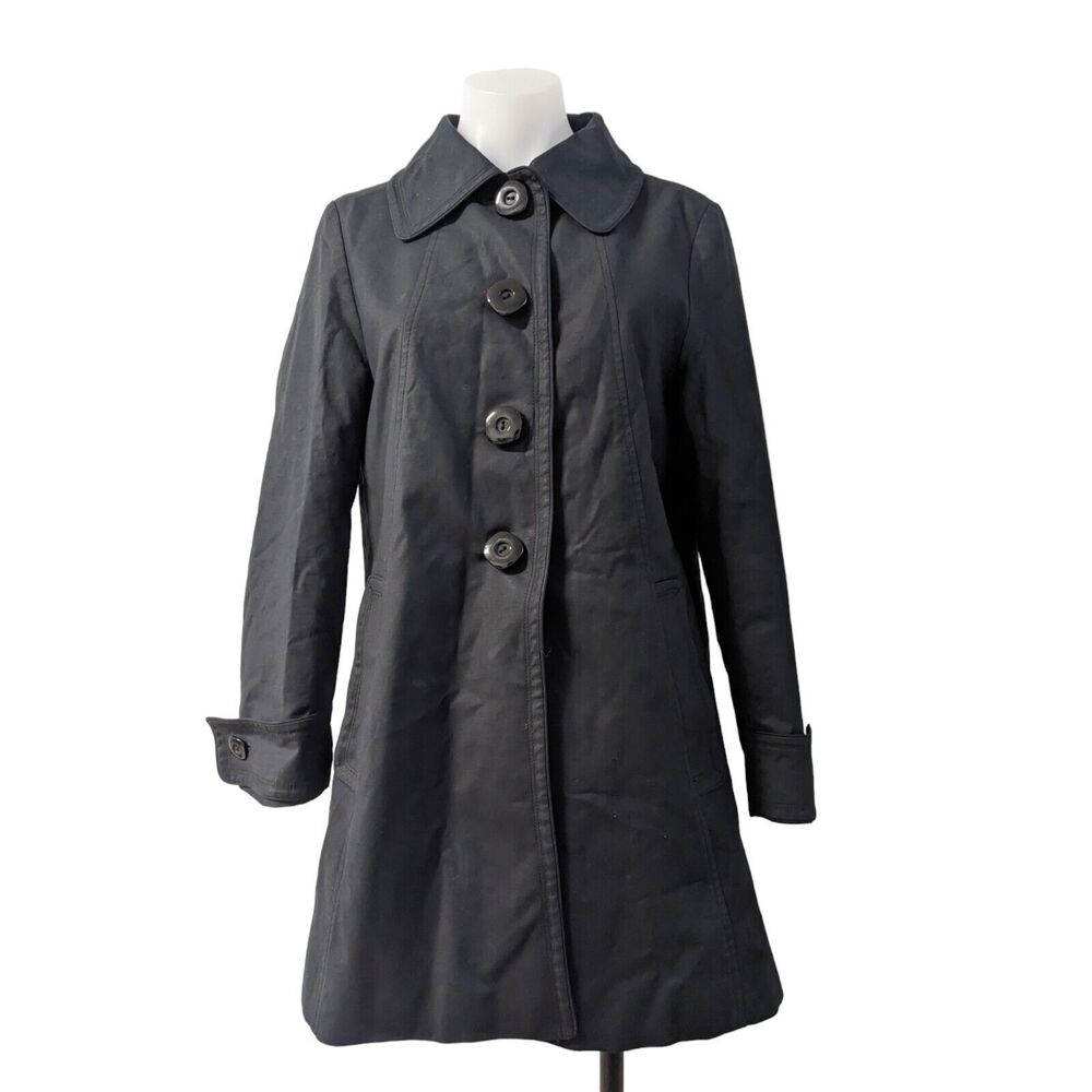 Trina Turk Petites Size 12 Half Buttons Trench Coat Black Pockets Long Sleeves
